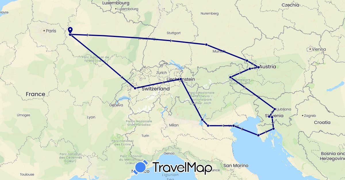 TravelMap itinerary: driving in Austria, Switzerland, Germany, France, Croatia, Italy, Liechtenstein, Slovenia (Europe)